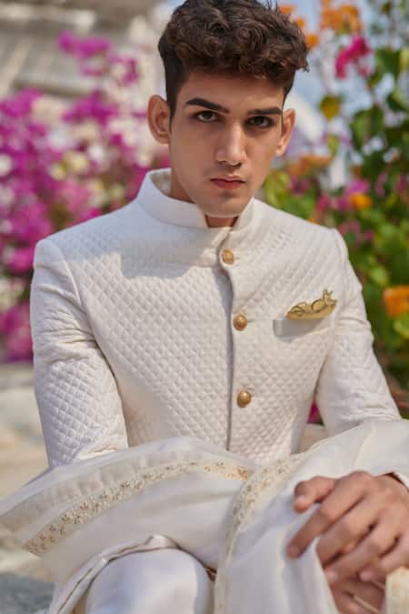 Buy House Of Koa White Sherwani Raw Silk Textured Set Online at Aza Fashions Buy_House Of Koa_White Sherwani Raw Silk Textured Set _Online_at_Aza_Fashions
