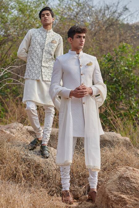 Shop House Of Koa White Sherwani Raw Silk Textured Set Online at Aza Fashions Shop_House Of Koa_White Sherwani Raw Silk Textured Set _Online_at_Aza_Fashions