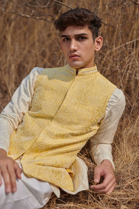 Buy House Of Koa Yellow Bundi Raw Silk Embroidery Pearl And Kurta Set Online at Aza Fashions Buy_House Of Koa_Yellow Bundi Raw Silk Embroidery Pearl And Kurta Set _Online_at_Aza_Fashions