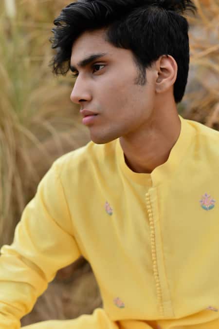 Shop House Of Koa Yellow Chanderi, Cotton Embroidery Ardit Resham Kurta Set at Aza Fashions Shop_House Of Koa_Yellow Chanderi, Cotton Embroidery Ardit Resham Kurta Set _at_Aza_Fashions