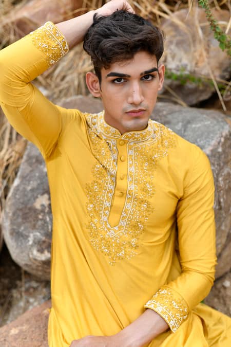 House Of Koa_Yellow Chanderi, Cotton Pearls, Embroidery Kurta Set _Online_at_Aza_Fashions