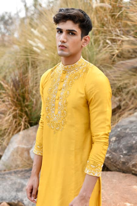 Buy_House Of Koa_Yellow Chanderi, Cotton Pearls, Embroidery Kurta Set _Online_at_Aza_Fashions
