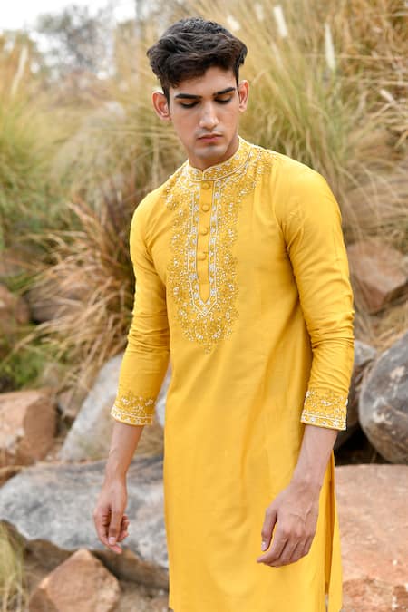 Shop_House Of Koa_Yellow Chanderi, Cotton Pearls, Embroidery Kurta Set _Online_at_Aza_Fashions