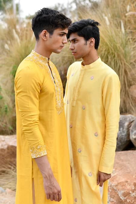 House Of Koa_Yellow Chanderi, Cotton Pearls, Embroidery Kurta Set _at_Aza_Fashions