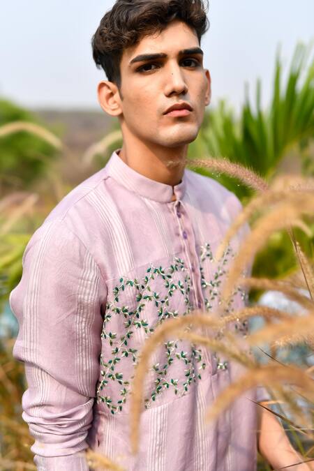 Buy_House Of Koa_Purple Organza, Cotton Zari Leaf Embroidered Kurta Set _Online_at_Aza_Fashions