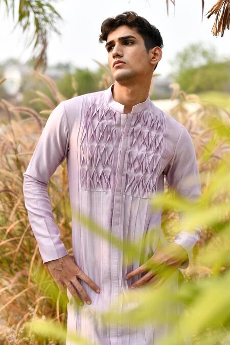 Shop_House Of Koa_Purple Chanderi, Cotton Textured Stripe Pattern Kurta Set _Online_at_Aza_Fashions