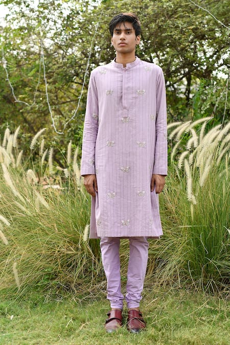 Shop_House Of Koa_Purple Chanderi, Cotton Cut Work, Pearls Butterfly Embroidered Kurta Set _at_Aza_Fashions