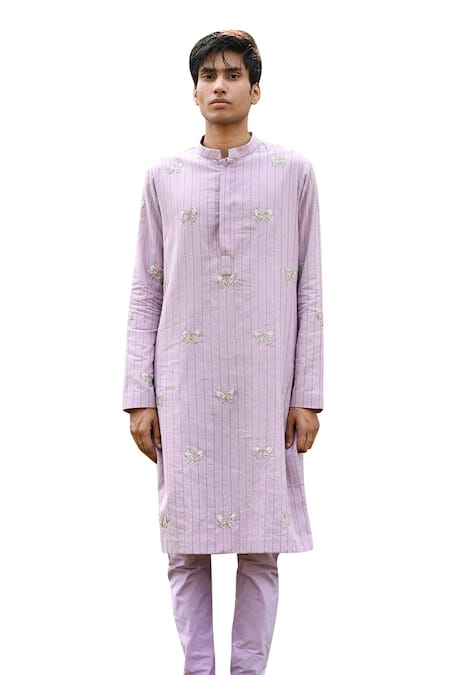 Buy_House Of Koa_Purple Chanderi, Cotton Cut Work, Pearls Butterfly Embroidered Kurta Set _Online_at_Aza_Fashions