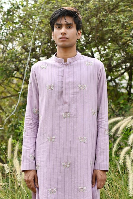 House Of Koa_Purple Chanderi, Cotton Cut Work, Pearls Butterfly Embroidered Kurta Set _at_Aza_Fashions