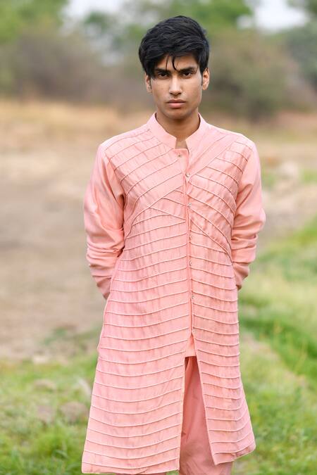 Shop_House Of Koa_Pink Chanderi, Cotton Embroidery Aaron Cord Work Kurta Set _Online_at_Aza_Fashions
