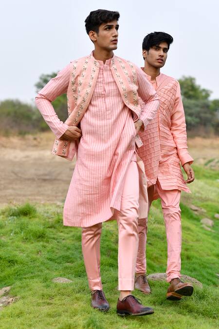 House Of Koa_Peach Bundi Raw Silk Embroidery Resham And Striped Kurta Set _Online_at_Aza_Fashions