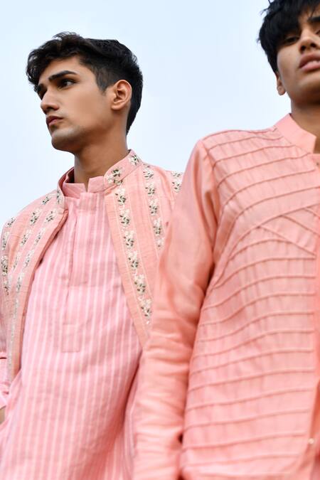 Buy_House Of Koa_Peach Bundi Raw Silk Embroidery Resham And Striped Kurta Set _Online_at_Aza_Fashions