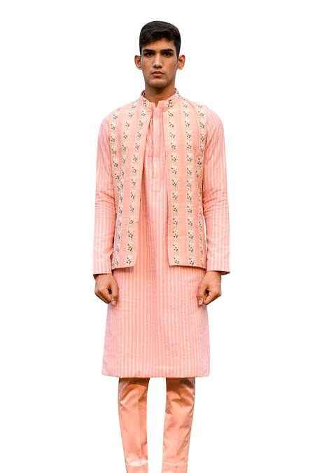 Shop House Of Koa Peach Bundi Raw Silk Embroidery Resham And Striped Kurta Set Online at Aza Fashions Shop_House Of Koa_Peach Bundi Raw Silk Embroidery Resham And Striped Kurta Set _Online_at_Aza_Fashions