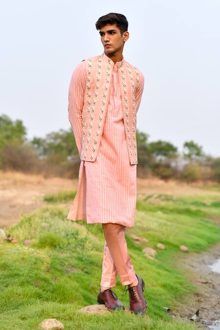 Buy_House Of Koa_Peach Bundi Raw Silk Embroidery Resham And Striped Kurta Set 