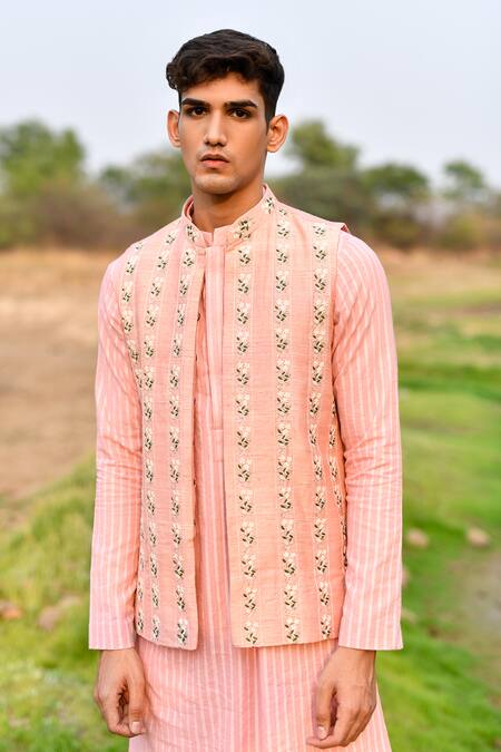 Shop House Of Koa Peach Bundi Raw Silk Embroidery Resham And Striped Kurta Set Shop_House Of Koa_Peach Bundi Raw Silk Embroidery Resham And Striped Kurta Set