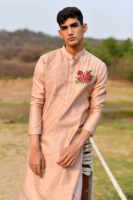 House Of Koa_Peach Chanderi, Cotton Embroidery Rosette Placement Kurta Set _Online_at_Aza_Fashions