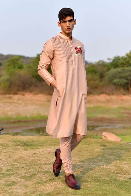 Buy_House Of Koa_Peach Chanderi, Cotton Embroidery Rosette Placement Kurta Set _Online_at_Aza_Fashions