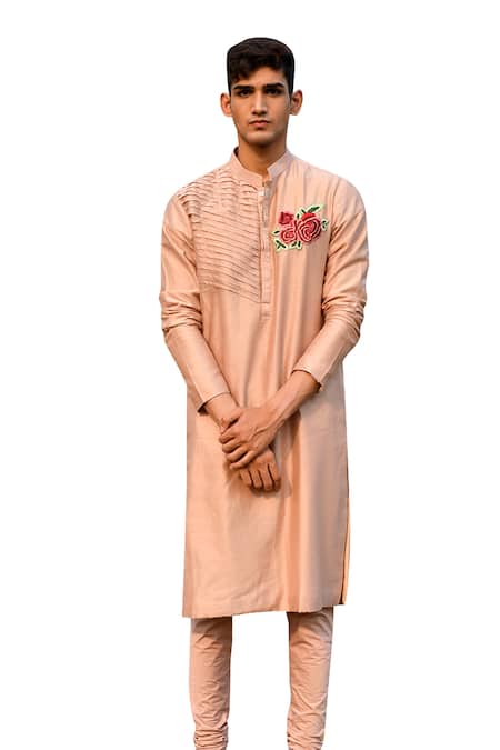 House Of Koa Peach Chanderi, Cotton Embroidery Rosette Placement Kurta Set at Aza Fashions House Of Koa_Peach Chanderi, Cotton Embroidery Rosette Placement Kurta Set _at_Aza_Fashions