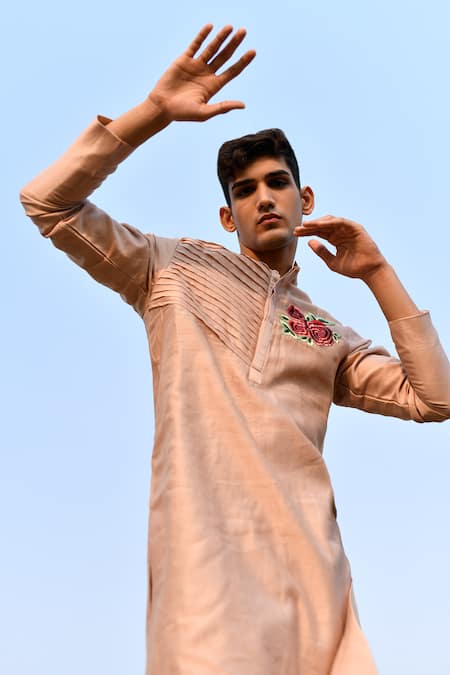 Buy_House Of Koa_Peach Chanderi, Cotton Embroidery Rosette Placement Kurta Set 