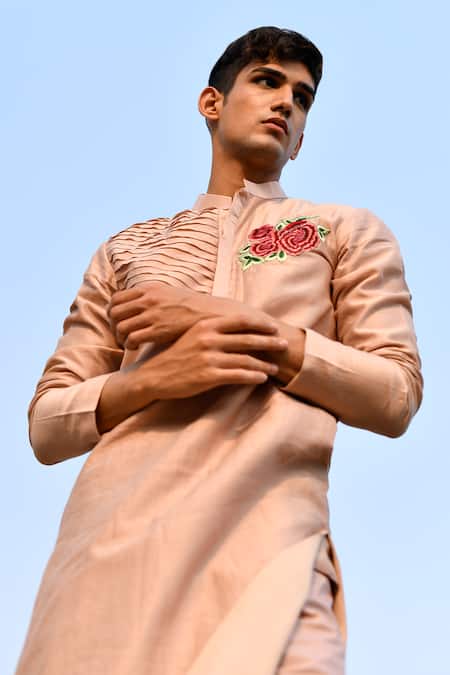 Shop_House Of Koa_Peach Chanderi, Cotton Embroidery Rosette Placement Kurta Set 