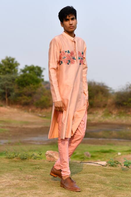 House Of Koa_Peach Chanderi, Cotton Cut Work Rose Placement Embroidered Kurta Set _Online_at_Aza_Fashions