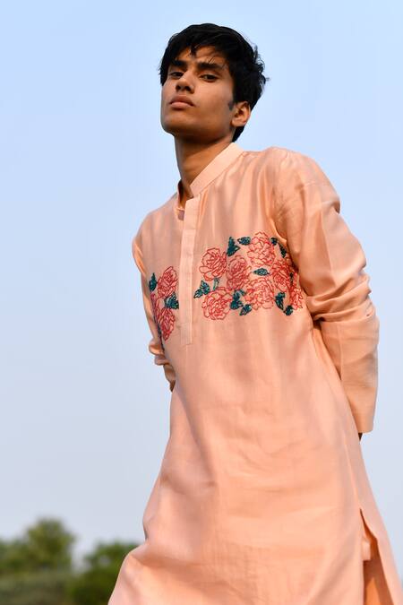 Buy_House Of Koa_Peach Chanderi, Cotton Cut Work Rose Placement Embroidered Kurta Set 