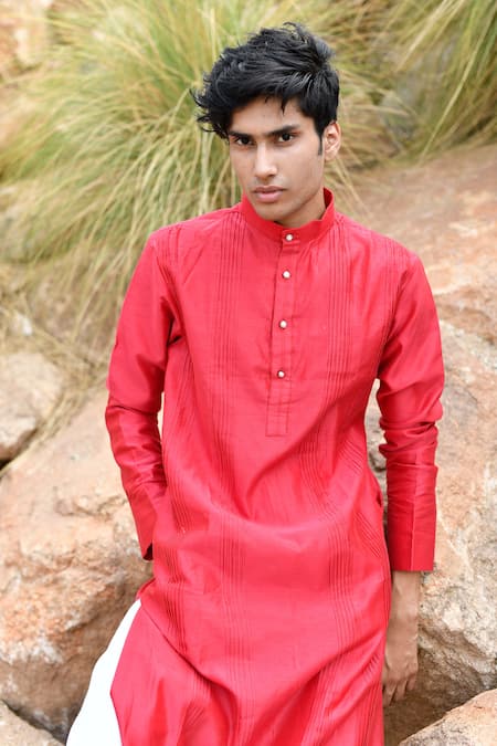 House Of Koa_Red Chanderi, Cotton Urban Pleated Kurta Set _Online_at_Aza_Fashions