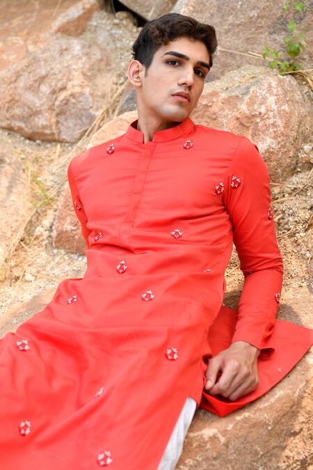 House Of Koa_Red Chanderi, Cotton Cut Work, Pearls, Zari Hibiscus Embroidered Kurta Set _Online_at_Aza_Fashions