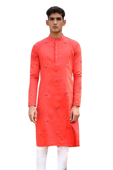 Shop House Of Koa Red Chanderi, Cotton Cut Work, Pearls, Zari Hibiscus Embroidered Kurta Set Online at Aza Fashions Shop_House Of Koa_Red Chanderi, Cotton Cut Work, Pearls, Zari Hibiscus Embroidered Kurta Set _Online_at_Aza_Fashions