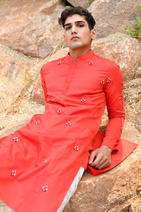 House Of Koa Red Chanderi, Cotton Cut Work, Pearls, Zari Hibiscus Embroidered Kurta Set at Aza Fashions House Of Koa_Red Chanderi, Cotton Cut Work, Pearls, Zari Hibiscus Embroidered Kurta Set _at_Aza_Fashions