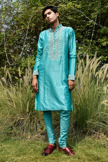 Shop House Of Koa Blue Chanderi, Cotton Pearls, Zari Placement Embroidered Kurta Set at Aza Fashions Shop_House Of Koa_Blue Chanderi, Cotton Pearls, Zari Placement Embroidered Kurta Set _at_Aza_Fashions