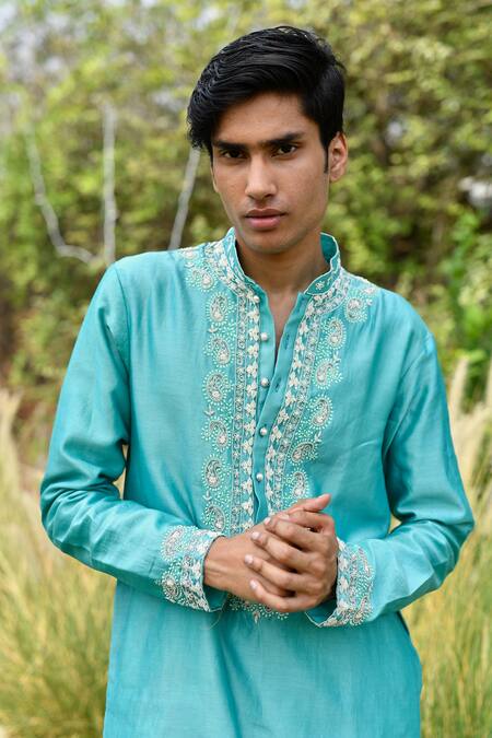 Shop House Of Koa Blue Chanderi, Cotton Pearls, Zari Placement Embroidered Kurta Set Online at Aza Fashions Shop_House Of Koa_Blue Chanderi, Cotton Pearls, Zari Placement Embroidered Kurta Set _Online_at_Aza_Fashions