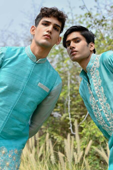 Buy House Of Koa Blue Bundi Raw Silk Embroidery Cutdana Floral And Kurta Set Online at Aza Fashions Buy_House Of Koa_Blue Bundi Raw Silk Embroidery Cutdana Floral And Kurta Set _Online_at_Aza_Fashions
