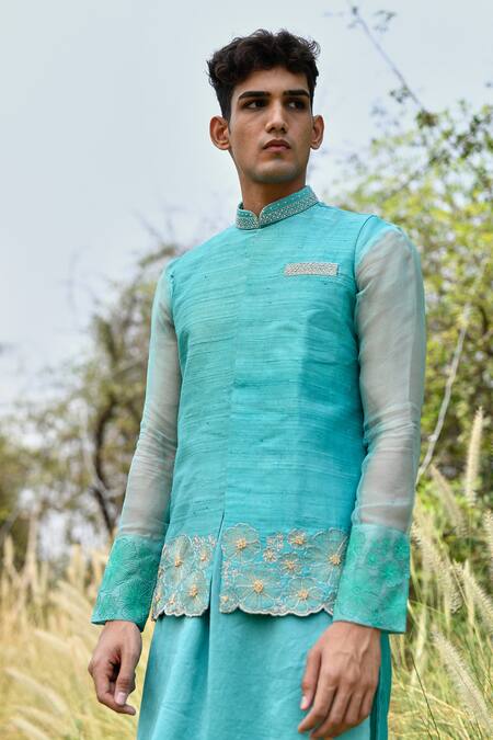 House Of Koa Blue Bundi Raw Silk Embroidery Cutdana Floral And Kurta Set at Aza Fashions House Of Koa_Blue Bundi Raw Silk Embroidery Cutdana Floral And Kurta Set _at_Aza_Fashions