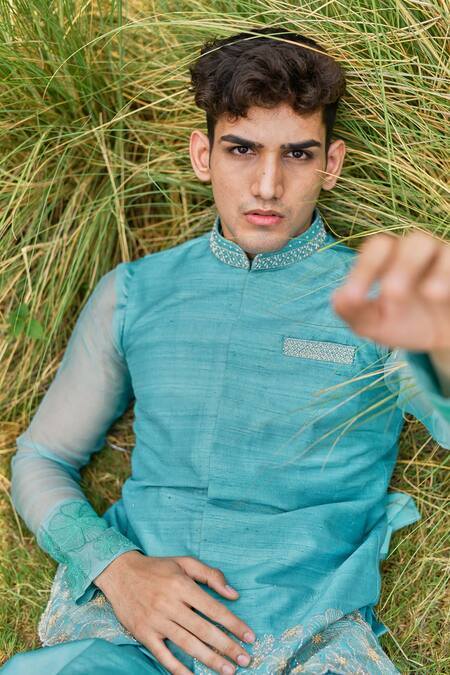 Shop House Of Koa Blue Bundi Raw Silk Embroidery Cutdana Floral And Kurta Set Shop_House Of Koa_Blue Bundi Raw Silk Embroidery Cutdana Floral And Kurta Set