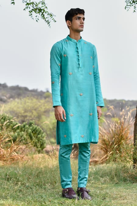Shop_House Of Koa_Blue Chanderi, Cotton Zari King Bee Embroidered Kurta Set _at_Aza_Fashions