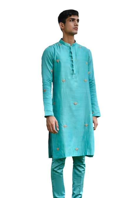 Buy_House Of Koa_Blue Chanderi, Cotton Zari King Bee Embroidered Kurta Set _Online_at_Aza_Fashions