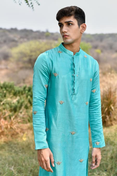 House Of Koa_Blue Chanderi, Cotton Zari King Bee Embroidered Kurta Set _at_Aza_Fashions