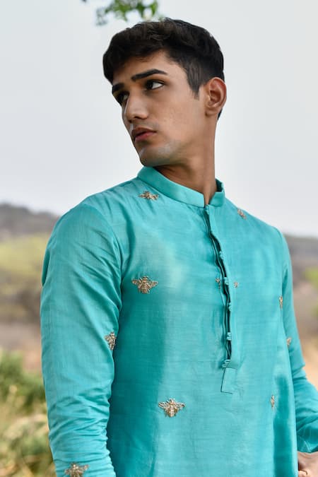 Shop_House Of Koa_Blue Chanderi, Cotton Zari King Bee Embroidered Kurta Set 