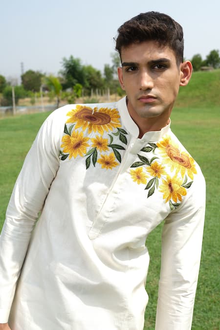 Shop House Of Koa Off White Chanderi, Cotton Satin Embroidery Golden Hour Kurta With Pant at Aza Fashions Shop_House Of Koa_Off White Chanderi, Cotton Satin Embroidery Golden Hour Kurta With Pant _at_Aza_Fashions