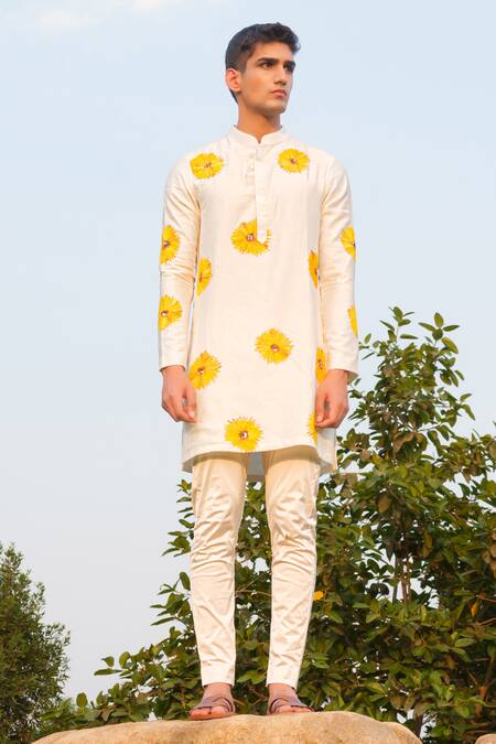 House Of Koa_Off White Chanderi, Cotton Satin Sunflower Hand Painted Kurta With Pant _Online_at_Aza_Fashions