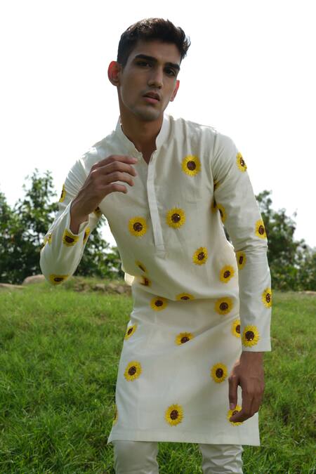 Buy_House Of Koa_Off White Chanderi, Cotton Satin Sequins, Embroidery Sunflower Kurta With Pant _Online_at_Aza_Fashions