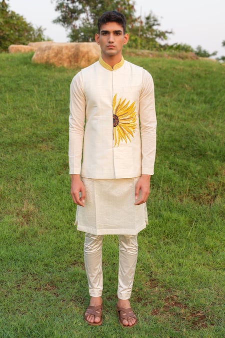 Shop House Of Koa Off White Nehru Jacket Raw Silk Embroidery Petal Golden Set at Aza Fashions Shop_House Of Koa_Off White Nehru Jacket Raw Silk Embroidery Petal Golden Set _at_Aza_Fashions