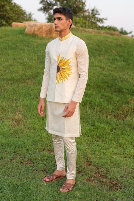 House Of Koa Off White Nehru Jacket Raw Silk Embroidery Petal Golden Set Online at Aza Fashions House Of Koa_Off White Nehru Jacket Raw Silk Embroidery Petal Golden Set _Online_at_Aza_Fashions