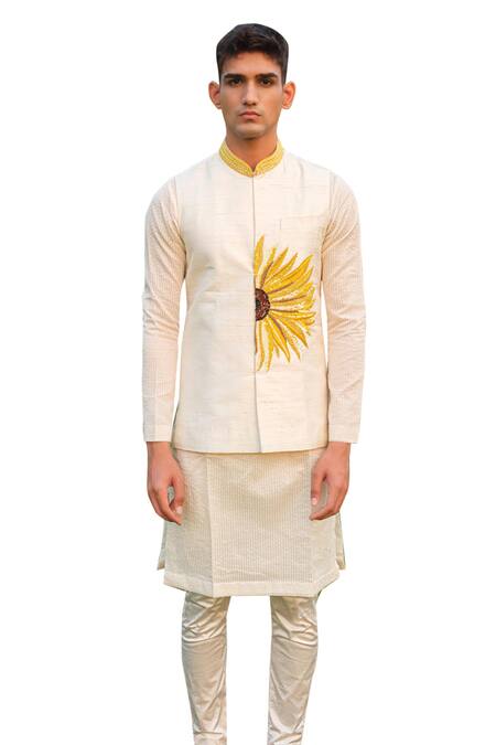 Buy House Of Koa Off White Nehru Jacket Raw Silk Embroidery Petal Golden Set Online at Aza Fashions Buy_House Of Koa_Off White Nehru Jacket Raw Silk Embroidery Petal Golden Set _Online_at_Aza_Fashions