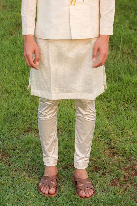 Shop House Of Koa Off White Nehru Jacket Raw Silk Embroidery Petal Golden Set Online at Aza Fashions Shop_House Of Koa_Off White Nehru Jacket Raw Silk Embroidery Petal Golden Set _Online_at_Aza_Fashions