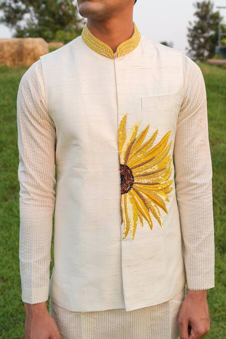 House Of Koa Off White Nehru Jacket Raw Silk Embroidery Petal Golden Set at Aza Fashions House Of Koa_Off White Nehru Jacket Raw Silk Embroidery Petal Golden Set _at_Aza_Fashions