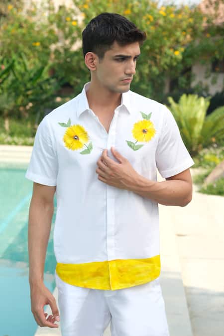 House Of Koa Off White Cotton Hand Paint Sunflower Oasis Shirt Online at Aza Fashions House Of Koa_Off White Cotton Hand Paint Sunflower Oasis Shirt _Online_at_Aza_Fashions