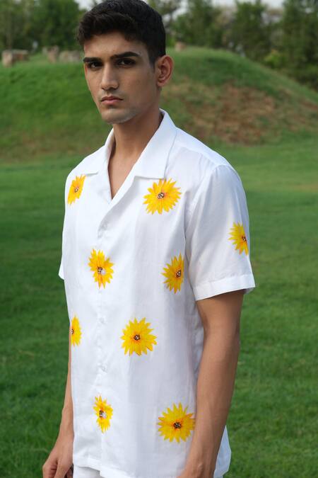 House Of Koa Off White Cotton Hand Paint Sunflower Shirt Online at Aza Fashions House Of Koa_Off White Cotton Hand Paint Sunflower Shirt _Online_at_Aza_Fashions