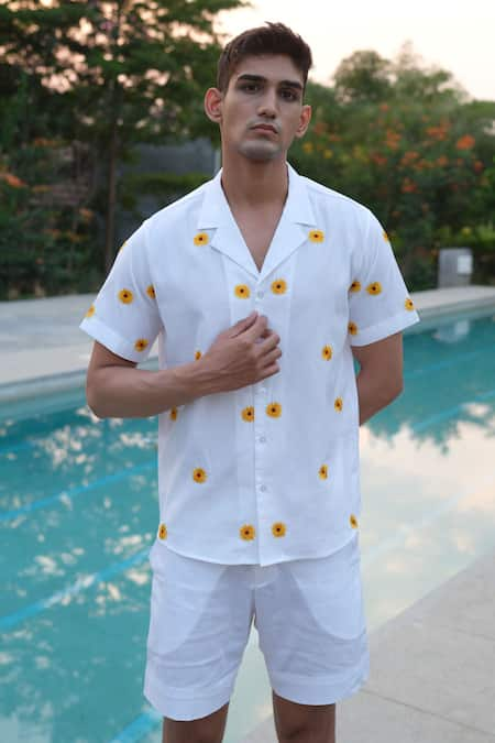 House of KOA Off White Cotton Embroidery Sunflower Shirt 